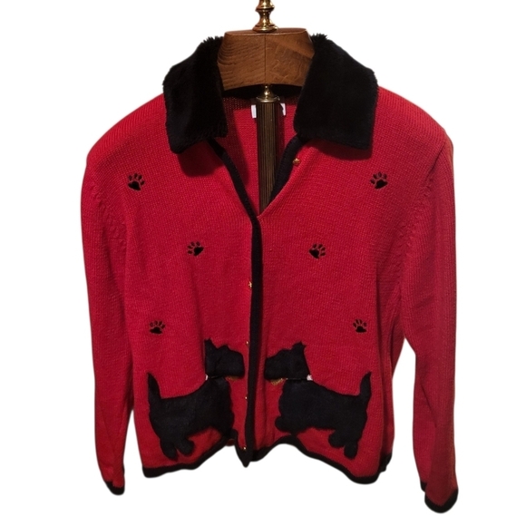 Crystal-Kobe Sweaters - Vintage Crystal Kobe Sweater Red Scottie Dog Pawprint Black Faux Fur Size Small